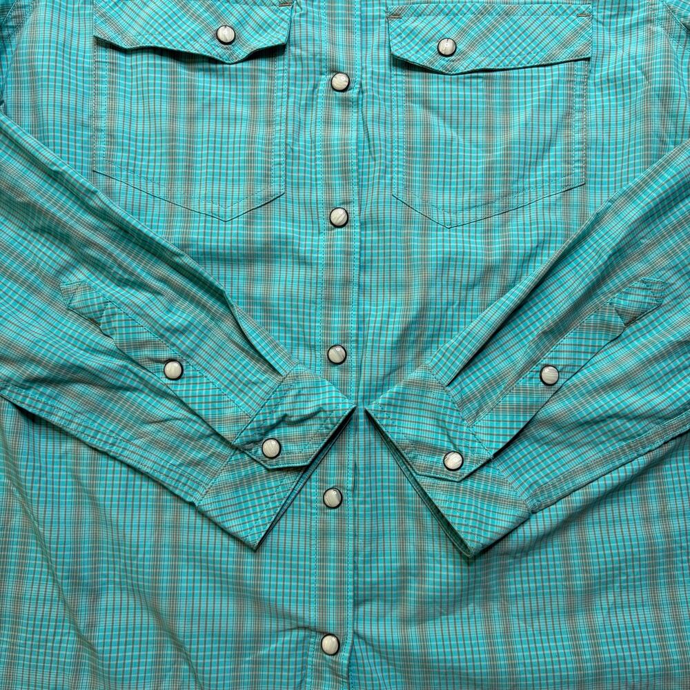 Stio Button Up Shirt Women’s Medium Turquoise Plaid Snap Western Outdoor Hiking - Picture 4 of 10
